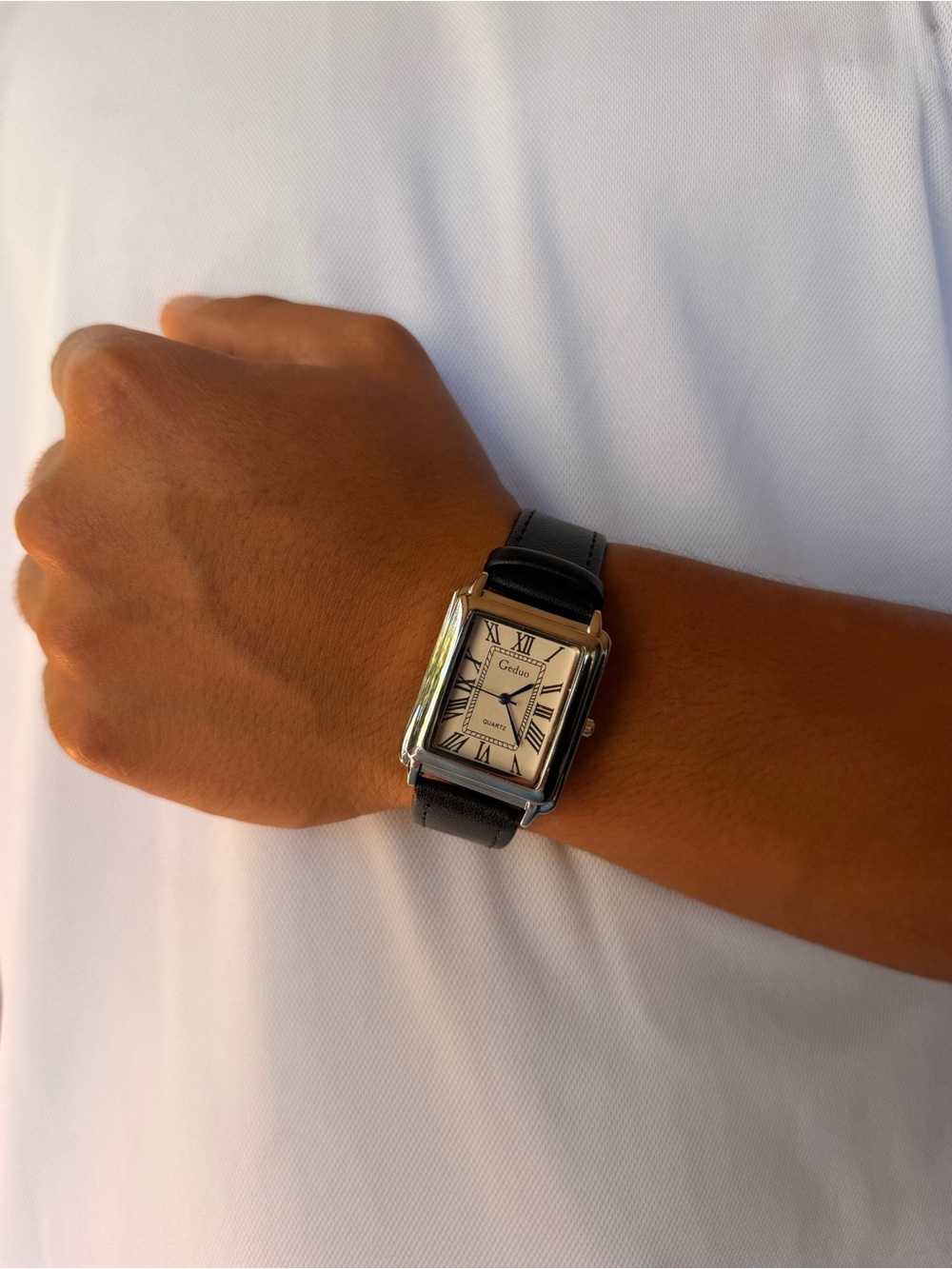 Rolex Men’s Watch with Black Leather Strap and Silver Case